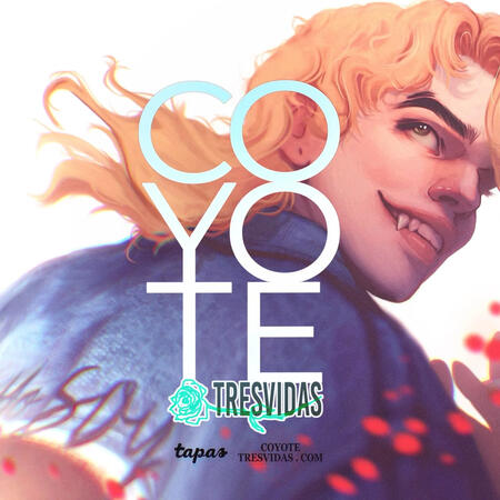 Coyote Tresvidas La portada de mi webcomic Coyote Tresvidas. Se puede ver al protagonista, Coyote, mirando por encima del hombro con una sonrisa, lo que hace que se le vean los colmillos de vampiro. Al girarse su pelo rubio, cortado en un mullet, se mueve con el viento. Ll